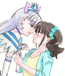 Rule 34 | 2girls, bibimaru 1101, blue bow, blue eyes, blue jacket, blush, bow, brown hair, cellphone, closed mouth, commentary request, crown, dress, eye contact, grey hair, hair bow, hair ornament, hair scrunchie, highres, holding, holding phone, jacket, long hair, looking at another, mini crown, multiple girls, nekoyashiki mayu, nekoyashiki yuki, off-shoulder dress, off shoulder, open clothes, open jacket, parted lips, phone, pink bow, precure, scrunchie, shirt, side ponytail, simple background, smartphone, smile, white background, wonderful precure!, yellow shirt, yuri