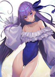 Rule 34 | 1girl, bare shoulders, blue bow, blue eyes, bow, choker, collarbone, fate/grand order, fate (series), flat chest, frills, hair bow, long hair, meltryllis, meltryllis (fate), meltryllis (swimsuit lancer) (fate), meltryllis (swimsuit lancer) (second ascension) (fate), one-piece swimsuit, oukawa yuu, parted lips, purple hair, sleeves past wrists, solo, swimsuit, very long hair, water
