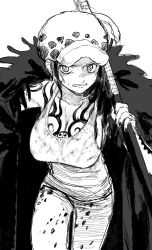 Rule 34 | 1girl, angry, arm tattoo, breasts, chest tattoo, clenched teeth, coat, coat on shoulders, fur coat, fur hat, genderswap, genderswap (mtf), glaring, greyscale, hand up, hat, highres, holding, holding sheath, large breasts, looking at viewer, monochrome, one piece, shade, sheath, sheathed, short hair, simple background, solo, spoilers, tank top, tattoo, teeth, trafalgar law, urasanmyaku, wet, wet clothes, white background