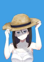 Rule 34 | 1girl, absurdres, adjusting clothes, adjusting headwear, black hair, blue background, blue eyes, brown hat, casual, closed mouth, commentary, dress, girls und panzer, hat, highres, light smile, long hair, looking at viewer, nonna (girls und panzer), shimesaba (simesabaikka), simple background, sleeveless, sleeveless dress, solo, spaghetti strap, straw hat, sundress, swept bangs, upper body, white dress