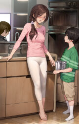 Rule 34 | 1girl, 2boys, absurdres, age difference, barefoot, black hair, black shirt, blonde hair, blush, breasts, brown eyes, brown hair, brown shorts, cabinet, collarbone, collared shirt, counter, cup, faucet, feet, flying sweatdrops, green shirt, hair ornament, hair scrunchie, height difference, highres, holding, holding hands, holding tray, indoors, jewelry, kitchen, leggings, legs, long hair, looking down, looking up, low ponytail, mature female, medium breasts, mother and son, multiple boys, no shoes, onee-shota, open mouth, original, oven, pink sweater, ring, scrunchie, shirt, short hair, shorts, sideways glance, sink, socks, sweater, t-shirt, toenails, toes, tray, white leggings, white socks, yewang19