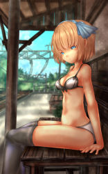 Rule 34 | 1girl, aged down, alice margatroid, arm support, bench, blue hairband, blue ribbon, blue sky, blurry, blurry background, bow, bow panties, bra, breasts, casual, cleavage, closed mouth, day, depth of field, from side, frown, hair ribbon, hairband, half-closed eyes, highres, legs, medium breasts, navel, outdoors, panties, ribbon, short hair, shounen (hogehoge), sitting, sky, solo, sweat, touhou, train station, underwear, underwear only, utility pole, white bra, white panties