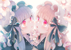 Rule 34 | 2girls, alternate costume, black bow, bloom, blue hair, blunt bangs, blush, bow, cherry blossoms, closed mouth, commentary request, enmaided, falling petals, flower, flower in eye, from side, hair bow, hands up, hat, highres, holding hands, interlocked fingers, kotonoha akane, kotonoha aoi, long hair, looking at viewer, looking to the side, maid, mob cap, multiple girls, open mouth, oyasumi makura, petals, pink eyes, pink flower, pink hair, pink lips, portrait, siblings, sidelocks, simple background, sisters, symbol in eye, voiceroid, white background, white hat