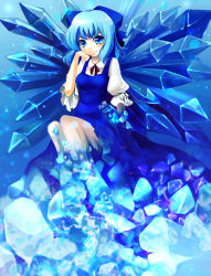 Rule 34 | 1girl, bad id, bad pixiv id, blue eyes, blue hair, bow, cirno, elbow rest, frozen, gradient background, hair bow, ice, ice wings, matching hair/eyes, ringpearl, solo, touhou, wings