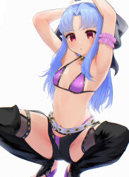 Rule 34 | 1girl, absurdres, armpits, arms up, bb (fate), bb (fate) (all), bb (swimsuit mooncancer) (fate), bb (swimsuit mooncancer) (fate) (cosplay), belt, bikini, black bow, black shorts, blue hair, blush, bow, breasts, cosplay, fate/grand order, fate (series), grey background, hair bow, highres, len (tsukihime), long hair, looking at viewer, navel, parted bangs, purple bikini, red eyes, shooot108, shorts, simple background, small breasts, solo, spread legs, squatting, swimsuit, thighs, tsukihime, unzipped, white belt