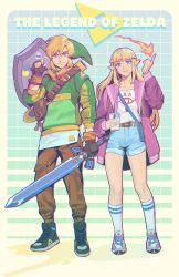 Rule 34 | 1boy, 1girl, blonde hair, blue eyes, blush, bracer, circlet, contemporary, earrings, fire, full body, hat, highres, jacket, jewelry, link, long hair, looking at viewer, master sword, necklace, nintendo, pointy ears, princess zelda, radiostarkiller, shoes, short shorts, shorts, simple background, smile, socks, sword, the legend of zelda, the legend of zelda: a link between worlds, triforce, weapon