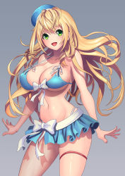 Rule 34 | 10s, 1girl, atago (kancolle), bikini, bikini skirt, blonde hair, breasts, cleavage, curvy, female focus, gradient background, green eyes, hat, highres, kantai collection, kantai collection (anime), large breasts, long hair, looking at viewer, navel, open mouth, shiny skin, skindentation, smile, solo, swimsuit, tako seijin, wide hips
