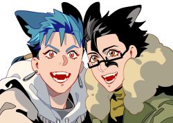 Rule 34 | 2boys, absurdres, animal ears, bespectacled, black-framed eyewear, black hair, blue hair, contemporary, cu chulainn (fate), cu chulainn (fate/stay night), diarmuid ua duibhne (lancer) (fate), dog ears, earrings, fate/grand order, fate (series), fi-n-ona, glasses, hair strand, heads together, highres, hood, hood down, hooded jacket, jacket, jewelry, kemonomimi mode, looking at viewer, male focus, multiple boys, open clothes, open jacket, ponytail, portrait, red eyes, selfie, short hair, upper body, white background
