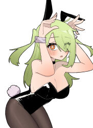 Rule 34 | 1girl, absurdres, aeulos357, alternate costume, animal ears, bad tag, bare shoulders, black choker, black leotard, black pantyhose, blush, breasts, ceres fauna, choker, cleavage, cowboy shot, embarrassed, fake animal ears, fake tail, green hair, hair over one eye, highres, hololive, hololive english, large breasts, leotard, long hair, looking at viewer, pantyhose, playboy bunny, rabbit ears, rabbit pose, rabbit tail, strapless, strapless leotard, tail, twintails, virtual youtuber, white background, wrist cuffs, yellow eyes