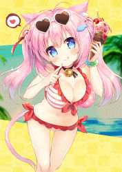 Rule 34 | 1girl, :q, absurdres, animal ears, bare arms, bare shoulders, bell, bikini, blue eyes, blush, breasts, cat ears, cat girl, cat tail, cleavage, closed mouth, collarbone, commentary request, double scoop, eyewear on head, fingernails, fish hair ornament, food, front-tie bikini top, front-tie top, fruit, hair between eyes, hair ornament, head tilt, heart, heart-shaped eyewear, highres, holding, holding food, ice cream, ice cream cone, jingle bell, large breasts, long hair, looking at viewer, natsuki marina, navel, original, pink bikini, pink hair, polka dot, polka dot bikini, smile, solo, spoken heart, strawberry, striped bikini, striped clothes, sunglasses, swimsuit, tail, tongue, tongue out, twintails, very long hair