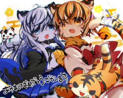 Rule 34 | 2girls, animal ears, bell, black hair, blonde hair, blue eyes, blue skirt, bow, brown eyes, chinese zodiac, detached sleeves, female focus, furry, furry female, jingle bell, looking at viewer, multicolored hair, multiple girls, ne (nefuraito336), open mouth, original, red bow, skirt, tail, tail bell, tail ornament, tiger, tiger ears, tiger girl, tiger tail, white hair, year of the tiger