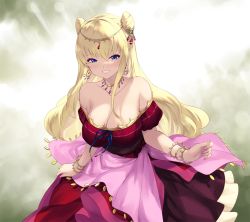 Rule 34 | 1girl, bare shoulders, blonde hair, blue eyes, bracelet, breasts, cait aron, cleavage, code geass, code geass: boukoku no akito, double bun, dress, fingernails, hair between eyes, hair bun, jewelry, large breasts, leila malcal, long hair, looking at viewer, nail polish, off-shoulder dress, off shoulder, pink nails, red dress, smile, solo, standing