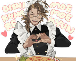 Rule 34 | 1boy, apron, black shirt, blonde hair, brown hair, crossdressing, earrings, eyebrow cut, fangs, food, glasses, goldbullet, heart, heart hands, holostars, holostars english, jewelry, kadeart, long hair, long sleeves, looking at viewer, maid, maid apron, maid headdress, male focus, moe moe kyun!, multicolored hair, omelet, omurice, one eye closed, open mouth, ponytail, romaji text, shirt, smile, solo, streaked hair, teeth, upper teeth only, virtual youtuber, yellow eyes