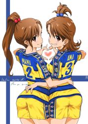 Rule 34 | 2girls, ass, brown eyes, commentary request, cowboy shot, from behind, futami ami, futami mami, grin, hair bobbles, hair ornament, heart, heart hands, heart hands duo, idolmaster, idolmaster (classic), inoue sora, long hair, looking at viewer, looking back, multiple girls, pantylines, parma fc, short hair, shorts, siblings, side ponytail, sisters, smile, soccer uniform, sportswear, twins