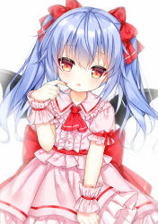 Rule 34 | 1girl, :o, ascot, bat wings, black wings, blue hair, blurry, blurry background, blush, bow, center frills, collared shirt, depth of field, dutch angle, fang, fingernails, frilled shirt collar, frills, hair between eyes, hair bow, hand up, long hair, looking at viewer, nail polish, parted lips, pink shirt, pink skirt, puffy short sleeves, puffy sleeves, red ascot, red bow, red eyes, red nails, remilia scarlet, shirt, short sleeves, simple background, skirt, solo, tengxiang lingnai, touhou, twintails, white background, wings, wrist cuffs