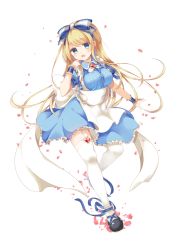 Rule 34 | 1girl, :d, alice (alice in wonderland), alice in wonderland, ankle ribbon, black footwear, blonde hair, blue dress, blue eyes, blue ribbon, blush, bow, breasts, collared shirt, dress, emilion, finger to mouth, full body, garter straps, hair bow, head tilt, heart, highres, large breasts, leg ribbon, leg up, long hair, open mouth, outstretched arm, ribbon, shirt, shoes, simple background, smile, solo, thighhighs, very long hair, white background, white thighhighs, wrist cuffs