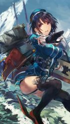 Rule 34 | 1girl, bad id, bad twitter id, beret, black gloves, black hair, blue jacket, blue skirt, breasts, fukazaki, garter straps, gloves, hat, highres, jacket, kantai collection, large breasts, ocean, open mouth, outdoors, red eyes, rigging, short hair, skirt, solo, takao (kancolle), thighhighs, turret