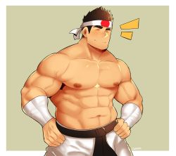 Rule 34 | 1boy, abs, absurdres, bandaged arm, bandages, bara, blush, closed mouth, cowboy shot, daimon gorou, dougi, fujimachine (clayten), headband, highres, large pectorals, male focus, mature male, muscular, muscular male, navel, nipples, pants, pectorals, short hair, sideburns, smile, solo, stomach, the king of fighters, thick eyebrows, topless male, veins, white pants