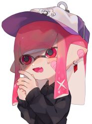 Rule 34 | 1girl, bandage on face, bandages, black shirt, earrings, fangs, hand up, hat, highres, inkling, inkling girl, inkling player character, jewelry, long sleeves, looking to the side, looking up, nintendo, own hands together, pink eyes, pink hair, pointy ears, purple headwear, sahata saba, shirt, simple background, smile, splatoon (series), tears, tentacle hair, upper body, white background