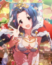 Rule 34 | 10s, 1girl, :d, bikini, blue hair, blush, bracelet, breasts, cape, cleavage, confetti, idolmaster, idolmaster (classic), idolmaster million live!, jewelry, large breasts, lens flare, looking at viewer, lots of jewelry, miura azusa, musical note, navel, necklace, official art, open mouth, pink eyes, short hair, side-tie bikini bottom, smile, solo, swimsuit, thigh gap, tiara, waving