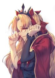 Rule 34 | 1girl, black shirt, blonde hair, bow, cape, crown, crying, crying with eyes open, earrings, ereshkigal (fate), eyes visible through hair, fate/grand order, fate (series), hair bow, half-closed eyes, highres, jewelry, kotoribako, long hair, long sleeves, red bow, red cape, red eyes, shirt, simple background, single sleeve, sketch, solo, tears, tohsaka rin, upper body, white background, wiping tears