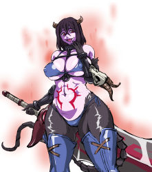 Rule 34 | 1girl, abs, aura, bare shoulders, between breasts, bikini, black gloves, black hair, blue bikini, blue footwear, boots, breasts, chaos machina, collarbone, colored skin, covered erect nipples, crossed bangs, demon girl, demon horns, elbow gloves, evil grin, evil smile, gloves, gluteal fold, grin, hair between eyes, hand up, highres, holding, holding sword, holding weapon, horns, huge weapon, kono yuusha ga ore tueee kuse ni shinchou sugiru, large breasts, looking at viewer, mamesi (suhk8583), navel, purple skin, red eyes, shaded face, shiny skin, short hair, side-tie bikini bottom, simple background, skull, smile, solo, standing, stomach tattoo, swimsuit, sword, tail, tattoo, thick thighs, thigh boots, thighhighs, thighs, toned, underboob, weapon, white background, wide hips