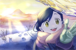 Rule 34 | 1girl, :d, blue hair, brown eyes, coat, day, footprints, gloves, highres, honzuki no gekokujou, ice, looking at viewer, myne (honzuki no gekokujou), mountainous horizon, open mouth, outdoors, scarf, smile, snow, solo, sunrise, to no cha, upper body