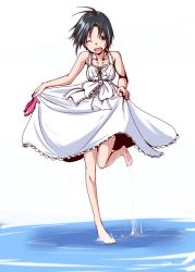 Rule 34 | 1girl, :d, bad id, bad pixiv id, barefoot, black hair, clearite, clothes lift, dress, dress lift, full body, holding, holding shoes, idolmaster, idolmaster (classic), kikuchi makoto, one eye closed, open mouth, shoes, short hair, simple background, skirt hold, smile, solo, standing, standing on one leg, wading, water, white background, white dress