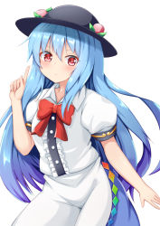 Rule 34 | 1girl, black hat, blue hair, blush, bow, bowtie, breasts, bright pupils, center frills, closed mouth, commentary request, contrapposto, cowboy shot, dress, food, frills, frown, fruit, hair between eyes, hand up, hat, hinanawi tenshi, index finger raised, long hair, looking at viewer, medium breasts, peach, puffy short sleeves, puffy sleeves, red bow, red bowtie, red eyes, rururiaru, shirt, short sleeves, simple background, solo, touhou, v-shaped eyebrows, very long hair, white background, white dress, white shirt