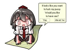 1girl black_hair blush brown_skirt clippy commentary dialogue_box english_text flying_paper hands_on_ground hat kasuya_baian kneeling microsoft microsoft_office necktie open_mouth paper pink_eyes red_hat red_necktie shameimaru_aya shirt skirt socks solo touhou white_background white_shirt white_socks