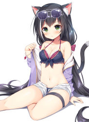 Rule 34 | 1girl, animal ear fluff, animal ears, bare shoulders, bikini, bikini under clothes, black hair, blue bikini, blush, bow, cat ears, cat girl, cat tail, closed mouth, collarbone, commentary request, eyewear on head, front-tie bikini top, front-tie top, green eyes, grey-framed eyewear, hair bow, jacket, karyl (princess connect!), karyl (summer) (princess connect!), long hair, long sleeves, looking at viewer, low twintails, mauve, multicolored hair, off shoulder, open clothes, open fly, open jacket, open shorts, princess connect!, purple jacket, red bow, shadow, short shorts, shorts, sitting, skindentation, sleeves past wrists, solo, streaked hair, sunglasses, swimsuit, tail, tail raised, thigh strap, twintails, very long hair, white background, white hair, white shorts, yokozuwari