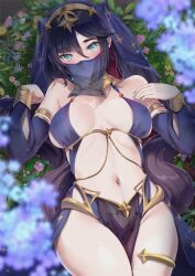 Rule 34 | 1girl, alternate costume, armlet, bare shoulders, black hair, bracelet, breasts, detached sleeves, genshin impact, green eyes, halterneck, highres, jewelry, large breasts, long hair, looking at viewer, mona (genshin impact), mouth veil, navel, neck ring, pelvic curtain, revision, solo, stomach, thighlet, thighs, tinnies, twintails, veil