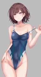 Rule 34 | 1girl, 777nasu, absurdres, blue one-piece swimsuit, breasts, brown hair, clothes pull, competition swimsuit, grey background, hair ornament, hairclip, highleg, highleg swimsuit, highres, higuchi madoka, idolmaster, idolmaster shiny colors, looking at viewer, medium breasts, mole, mole under eye, one-piece swimsuit, one-piece swimsuit pull, purple eyes, short hair, simple background, solo, swept bangs, swimsuit, thigh gap