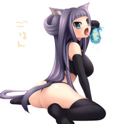 Rule 34 | 1girl, animal ears, artist request, ass, black hair, black panties, black thighhighs, breasts, cat ears, cat girl, cat tail, elbow gloves, female focus, fish, gloves, green eyes, long hair, panties, saliva, simple background, solo, tail, tears, text focus, thighhighs, tongue, underwear, very long hair, white background, yuasa makoto