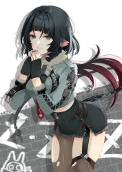 1girl animal_ears black_gloves black_hair black_necktie black_pantyhose black_shorts black_thighhighs commentary_request cowboy_shot fingerless_gloves fur-trimmed_jacket fur_trim gloves green_eyes green_jacket hand_up high-waist_shorts highres jacket jane_doe_(zenless_zone_zero) komesiwo_syumi long_hair long_tail looking_at_viewer mouse_ears mouse_girl mouse_tail nail_polish necktie pantyhose partial_commentary red_nails red_necktie shorts sidelocks smile solo tail thighhighs torn_clothes torn_pantyhose torn_thighhighs zenless_zone_zero