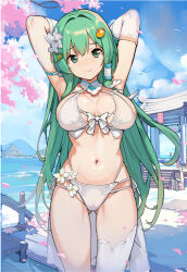 1girl armpits arms_up asakura_maru bikini breasts breasts_apart cameltoe cherry_blossoms cloud detached_sleeves frog frog_hair_ornament green_eyes green_hair hair_ornament hair_tubes highres kochiya_sanae large_breasts long_hair looking_at_viewer making-of_available navel outdoors single_hair_tube single_thighhigh sky smile snake snake_hair_ornament solo swimsuit thighhighs torii touhou water white_bikini white_sleeves white_thighhighs