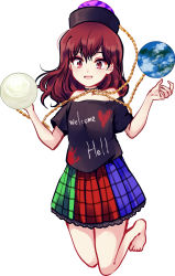 Rule 34 | 1girl, :d, barefoot, chain, clothes writing, collar, earth (planet), full body, hat, hecatia lapislazuli, highres, kneeling, long hair, miniskirt, moon, multicolored clothes, multicolored skirt, off shoulder, open mouth, planet, red eyes, red hair, shirt, short sleeves, simple background, skirt, smile, solo, touhou, uranaishi (miraura), white background