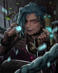 Rule 34 | 1girl, absurdres, animal, arcane: league of legends, arcane jinx, bare shoulders, braid, breasts, brown gloves, brown shirt, bug, choker, cloud tattoo, fingerless gloves, gloves, glowing, green hair, gun, hair over one eye, highres, holding, holding gun, holding weapon, jinx (league of legends), league of legends, long hair, looking at viewer, pants, pink eyes, r3p4aty bow, shirt, shoulder tattoo, small breasts, smile, tattoo, twin braids, weapon