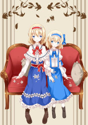 Rule 34 | 2girls, :o, alice margatroid, alice margatroid (pc-98), armband, blonde hair, blue dress, blue eyes, blush, boots, bow, bug, butterfly, buttons, capelet, couch, daisy, dress, dress shirt, dual persona, female focus, flower, frills, grey background, hair ribbon, hairband, hand on thigh, insect, leaf, locked arms, long sleeves, looking at another, multiple girls, mystic square, nanatuki13, open hand, pantyhose, pillow, ribbon, sash, shirt, short hair, simple background, sitting, smile, striped, striped background, suspenders, time paradox, touhou, touhou (pc-98)