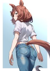 Rule 34 | 1girl, animal ears, arms at sides, ass, blush, breasts, brown hair, closed mouth, cowboy shot, denim, from behind, gradient background, highres, horse ears, horse girl, horse tail, jeans, kurumiyasan ns, looking at viewer, looking back, medium hair, nice nature (umamusume), pants, shirt, short sleeves, small breasts, smile, solo, tail, torn clothes, torn jeans, torn pants, umamusume, walking, white shirt, yellow eyes