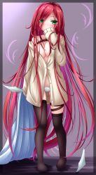 Rule 34 | 1girl, absurdly long hair, asymmetrical legwear, black border, black thighhighs, blush, border, breasts, cleavage, collarbone, covering own mouth, dagger, female focus, full body, green eyes, hand on mouth, head tilt, highres, holding, holding weapon, jacket, katarina (league of legends), knife, large breasts, league of legends, long hair, long sleeves, looking at viewer, navel, off shoulder, panties, purple background, red hair, simple background, sleeves past wrists, solo, standing, thighhighs, unbuttoned, underwear, uneven legwear, very long hair, weapon, white panties, yoye (pastel white)