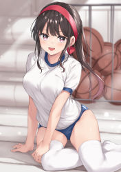 Rule 34 | 1girl, :d, arm support, ball, basketball (object), black hair, blue buruma, blush, breasts, buruma, colored tips, commentary request, feet out of frame, female focus, foot out of frame, gradient hair, gym storeroom, gym uniform, hairband, hand on own thigh, highres, indoors, large breasts, leaning to the side, long hair, looking at viewer, multicolored hair, on floor, open mouth, original, pink eyes, red hairband, shirt, short sleeves, sitting, skindentation, smile, solo, sportswear, teeth, thighhighs, thighs, uniform, upper teeth only, white shirt, white thighhighs, wing (aiastor), yokozuwari