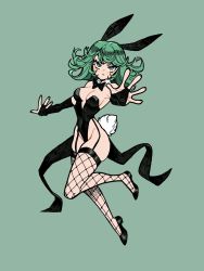 Rule 34 | 1girl, :&lt;, abottleofstars, animal ears, bare hips, bare shoulders, blush, bow, bowtie, breasts, bridal gauntlets, curly hair, curvy, detached collar, fake animal ears, fishnet thighhighs, fishnets, floating, full body, green background, green eyes, green hair, highleg, highleg leotard, highres, leotard, looking at viewer, medium breasts, medium hair, one-punch man, outstretched arms, playboy bunny, rabbit ears, rabbit tail, simple background, solo, tail, tatsumaki, thighhighs