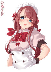 Rule 34 | 1girl, alternate costume, blue eyes, blush, bow, ebifurya, enmaided, gloves, hair ribbon, hand on own hip, highres, kantai collection, kawakaze (kancolle), long hair, low twintails, maid, maid headdress, open mouth, puffy short sleeves, puffy sleeves, red bow, red hair, red ribbon, ribbon, short sleeves, sidelocks, simple background, solo, twintails, twitter username, white background, white gloves