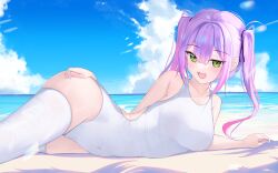 Rule 34 | 1girl, absurdres, ass, bare shoulders, blush, breasts, covered navel, green eyes, highres, hololive, large breasts, long hair, lying, multicolored hair, ocean, on side, one-piece swimsuit, open mouth, outdoors, pink hair, purple hair, red o7, sky, smile, solo, streaked hair, swimsuit, thighhighs, thighs, tokoyami towa, virtual youtuber, white one-piece swimsuit, white thighhighs