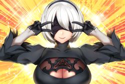 Rule 34 | 1girl, backlighting, black blindfold, black dress, black gloves, black hairband, blindfold, breasts, cleavage, cleavage cutout, closed mouth, clothing cutout, covered eyes, double v, dress, emotional engine - full drive, fate/grand order, fate (series), feather-trimmed sleeves, feather trim, gloves, hairband, hands up, juliet sleeves, large breasts, long sleeves, looking at viewer, mole, mole under mouth, nier:automata, nier (series), orange background, parody, puffy sleeves, short hair, silver hair, smile, solo, sparkle, v, yashichii, yellow background, 2b (nier:automata)
