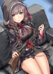 Rule 34 | 1girl, ahoge, arms up, belt, black skirt, blue background, braid, breasts, brown eyes, brown hair, buckle, cloak, commentary request, couch, gradient background, gun, hair between eyes, highres, holding, holding gun, holding weapon, hood, hood up, hooded cloak, impossible clothes, kantai collection, large breasts, long sleeves, looking at viewer, machine gun, microskirt, on couch, parted lips, pleated skirt, shinshuu maru (kancolle), sitting, skirt, solo, sweatdrop, thighs, twin braids, weapon, weapon request, zombie mogura