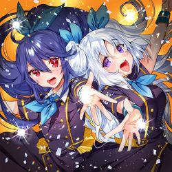 Rule 34 | :d, blue hair, blue neckwear, blue ribbon, blush, buttons, collared dress, double-breasted, dress, floating hair, hair ribbon, highres, kerchief, light particles, official art, open mouth, original, outstretched arms, ponytail, purple dress, purple eyes, reaching, reaching towards viewer, red eyes, ribbon, short sleeves, sidelocks, silver hair, smile, sparkle, two side up, wind, wind lift, wristband, yanyo (ogino atsuki)