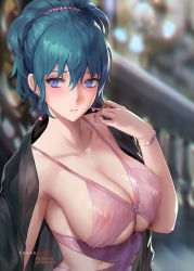 Rule 34 | 1girl, alternate costume, bare shoulders, black jacket, blue eyes, blue hair, blush, bracelet, breasts, byleth (female) (fire emblem), byleth (fire emblem), chihunhentai, cleavage, collarbone, covered erect nipples, dress, earrings, embarrassed, fire emblem, fire emblem: three houses, highres, jacket, jacket on shoulders, jewelry, large breasts, looking to the side, medium hair, nintendo, parted lips, pink dress, ponytail, see-through, solo