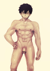 Rule 34 | 10s, abs, bar censor, black hair, censored, doudanuki masakuni, feet out of frame, gen yoro, groin, hand on own hip, looking at viewer, male focus, navel, nipples, pectorals, penis, pubic hair, scar, short hair, simple background, solo, solo focus, standing, toned, touken ranbu, yellow eyes